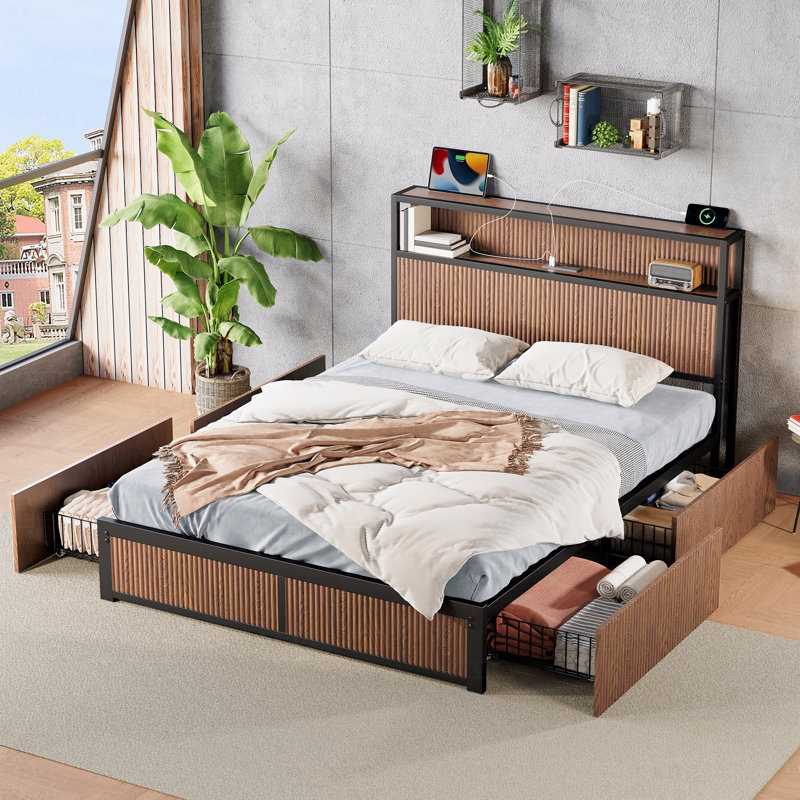 Platform Bed Frame Large Raised-Pattern Storage Bed Frame, Wooden With Multiple Drawer Storage Function, Bedside Socket