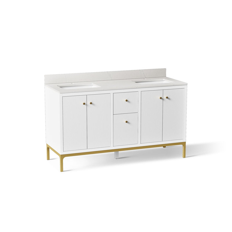 Calpa 60 In. Bathroom Vanity Cabinet With Sinks And Quartz Top, White