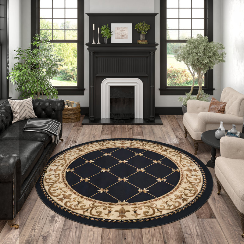 Tapis oriental noir / or Clarence, Rond 5 pi 3 po