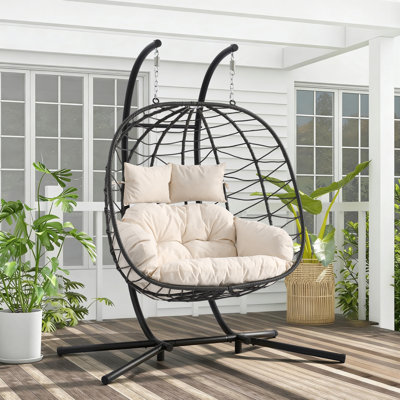 Double Egg Chair With Stand, 2 Person Hanging Rattan Wicker Swing For Indoor Outdoor Use, Hanging Loveseat With Cushion & Headrest, 650 Lbs Capacity For Patio, Balcony, Porch, Bedroom
