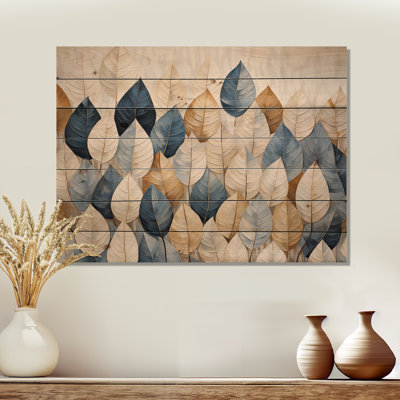 Beige And Blue Minimalism Leaves Collage I - Leaves Wood Wall Art On Natural Pine Wood