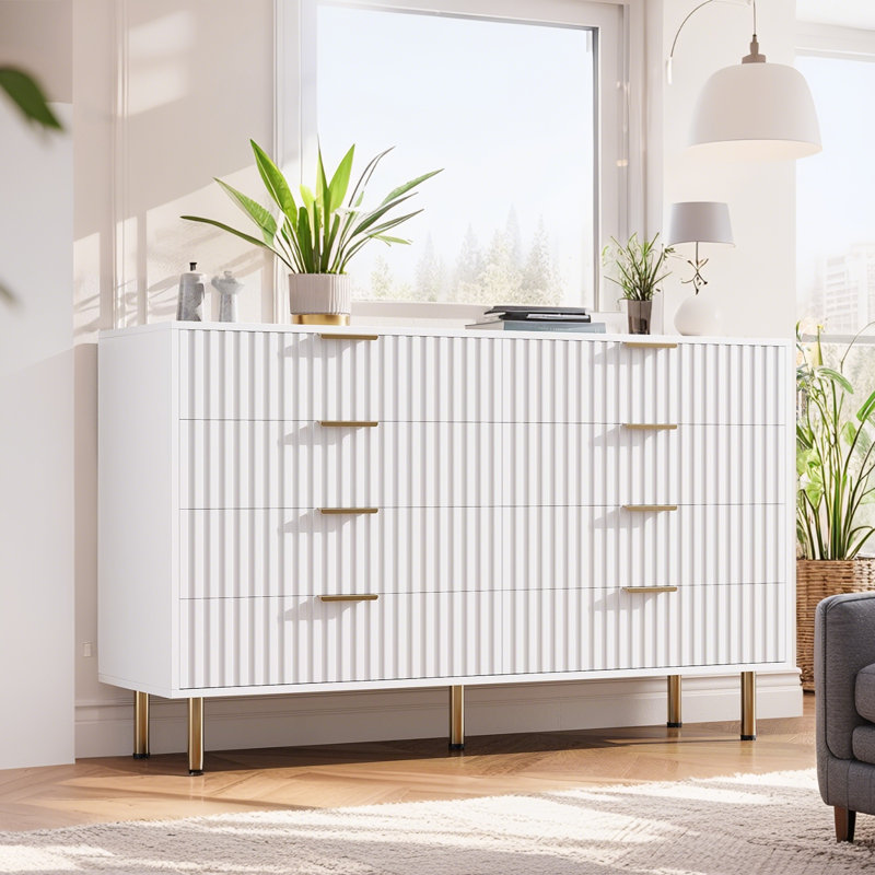  Commode 8 tiroirs de 54 po de largeur, conception cannelée moderne, grande commode double pour chambre à coucher, rangement dans le salon, organisateur de console de télévision