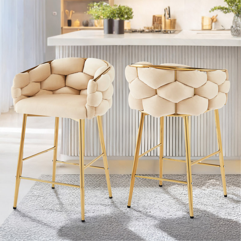 Ensemble de 2 tabourets de comptoir 28 po avec cadre en fer, dossier et coussin souples, repose-pieds 28 po., Beige