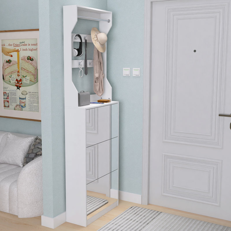 Armoire à chaussures à miroir avec 3 tiroirs rabattables, étagère à chaussures à miroir pour ranger de nombreuses chaussures, crochets et cintres