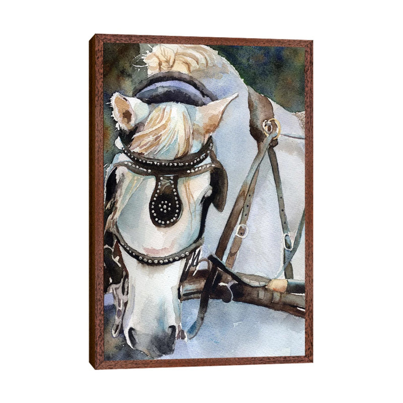 White Percheron In Charleston by Rachel Parker - Painting on Canvas, 66.04 cm H x 45.72 cm W, Classic Brown Wood Framed