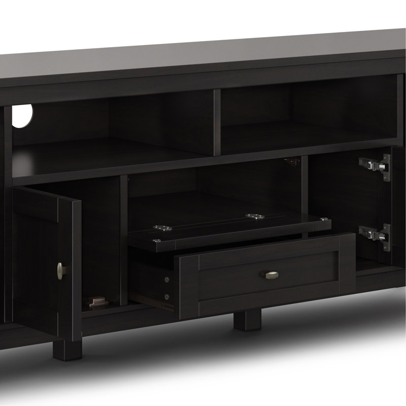 Meuble télé en bois massif brun chaud Hickory de 72 po de largeur Warm Shaker pour téléviseur de 80 po ou moins, Dark Brown
