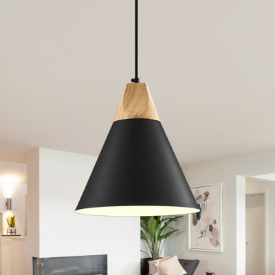 Luminaire suspendu pour îlot de cuisine 1 lumière de 9,4 po à 1 lumière avec accents en bois pour l'allée de la salle à manger