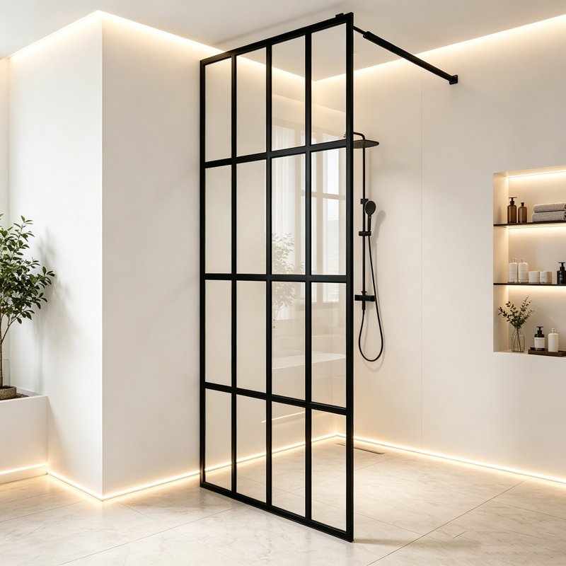 Panneau de douche noir à cadre complet, paroi de douche fixe de 86 x 183 cm, 4 panneaux en verre trempé avec bordure de sécurité, barre de support supérieure réglable, cloison de douche à l'italienne sans porte pour salle de bain moderne