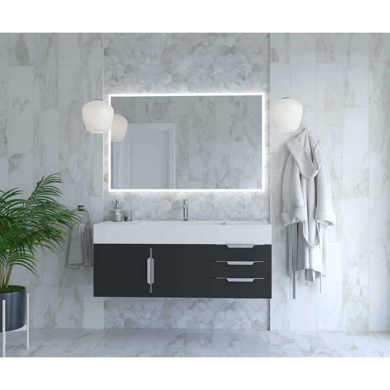 Meuble-lavabo mural simple 48 po avec comptoir à surface solide 48 po, Blanc, Noir, Nickel brossé