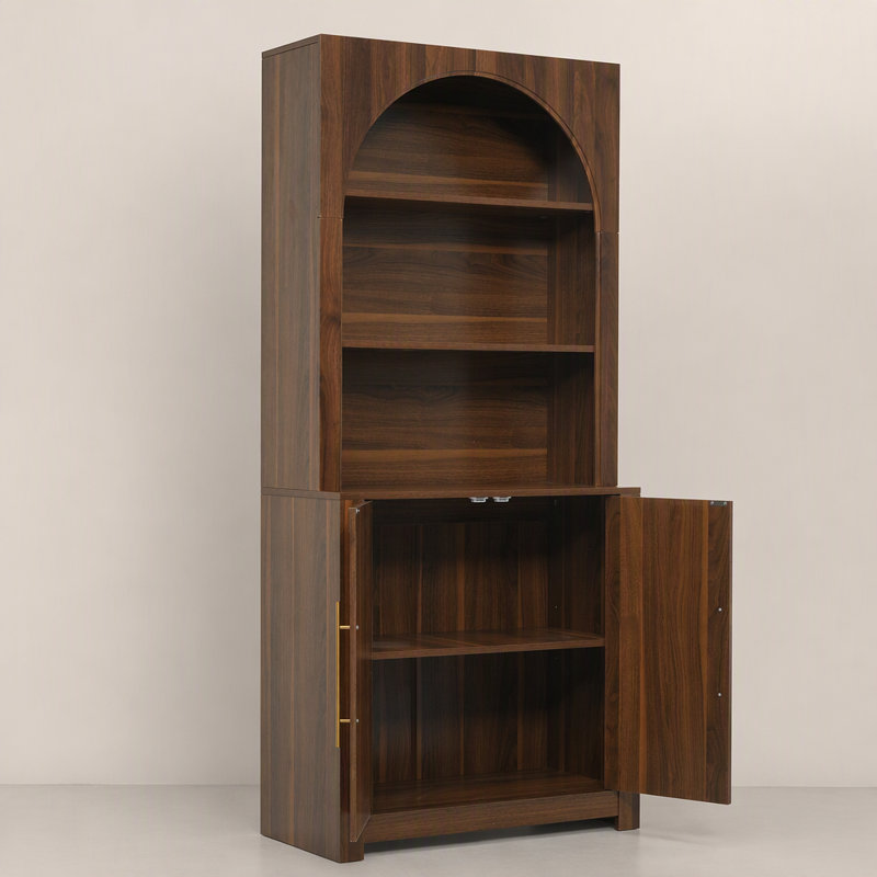 Ensemble de bibliothèque autoportant moderne avec tablettes ouvertes et portes d'armoire arquées pour des solutions de rangement polyvalentes
