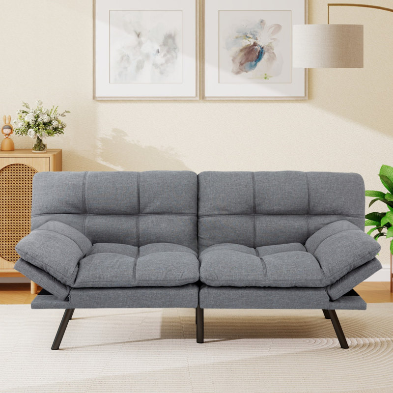 Futon Sofa Bed With Foam & Removable Armrests - 2-4 Seater, Light Gray