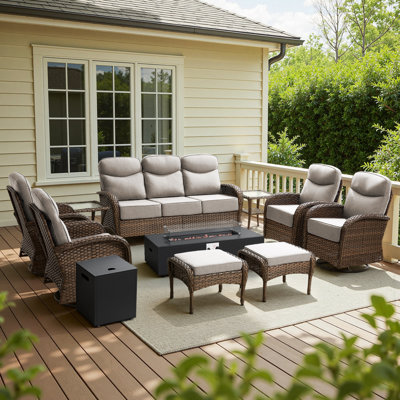 7-9 Person Outdoor Family Nighttime Chat Sofa Conversation Set With Ottomans And Modular Fire Pit