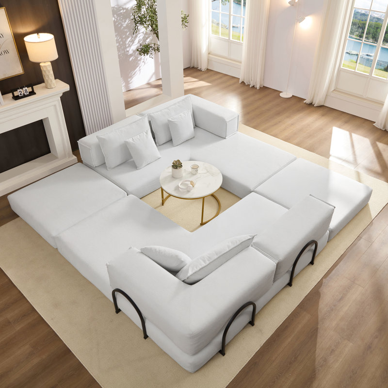 Canapé modulaire surdimensionné, velours côtelé blanc, composants amovibles, 6 coussins, confortable pour se détendre à la maison en mousse à haute densité en L, tissu respirant, installation rapide et sans effort