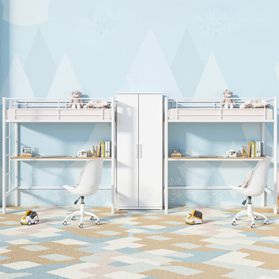 Ensemble de 2 lit mezzanine simple avec bureau, structure de lit superposé en métal robuste avec poste de travail intégré, lit mezzanine peu encombrant