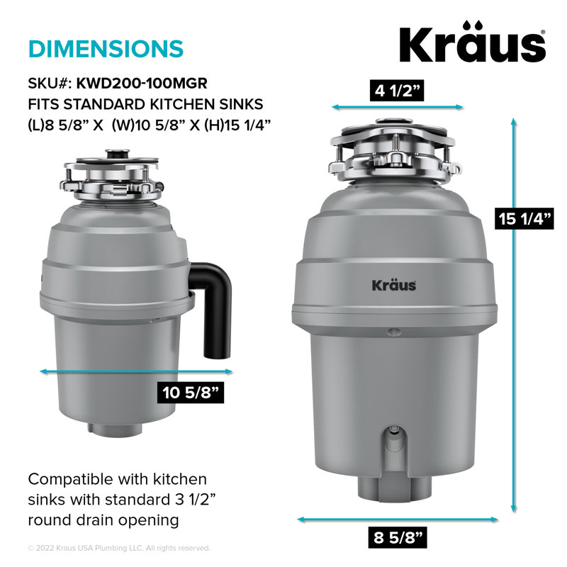 KRAUS Wasteguard High-Speed 1 HP Continuous Feed Ultra-Quiet Motor Garbage Disposal With Power Cord And Flange Included And Universal Mount, KWD200-100MGR