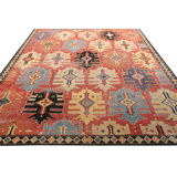Distressed Homage Hand Knotted Wool Geometric Area Rug in Blue, Beige, Black, Red