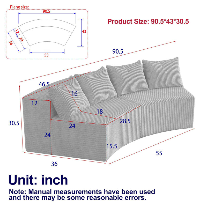 Corduroy Curved Sectional Sofa With Four Pillows,2 Modules, Black Corduroy
