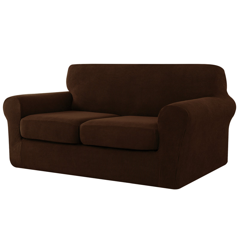 Textured Grid Soft Stretch Separate Box Cushion Sofa Slipcover, 104cm H x 178cm W x 107cm D, Chocolate
