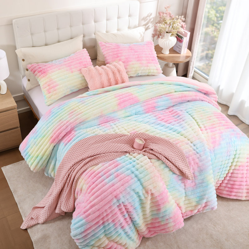 Fluffy Comforter Set 2 Pieces- All Seasons Heavy Faux Fur Comforter With One Pillowcase, Rainbow