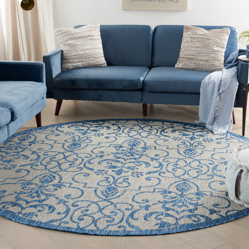 Tapis intérieur / extérieur gris / bleu Trofin, Rond 7 pi 10 po
