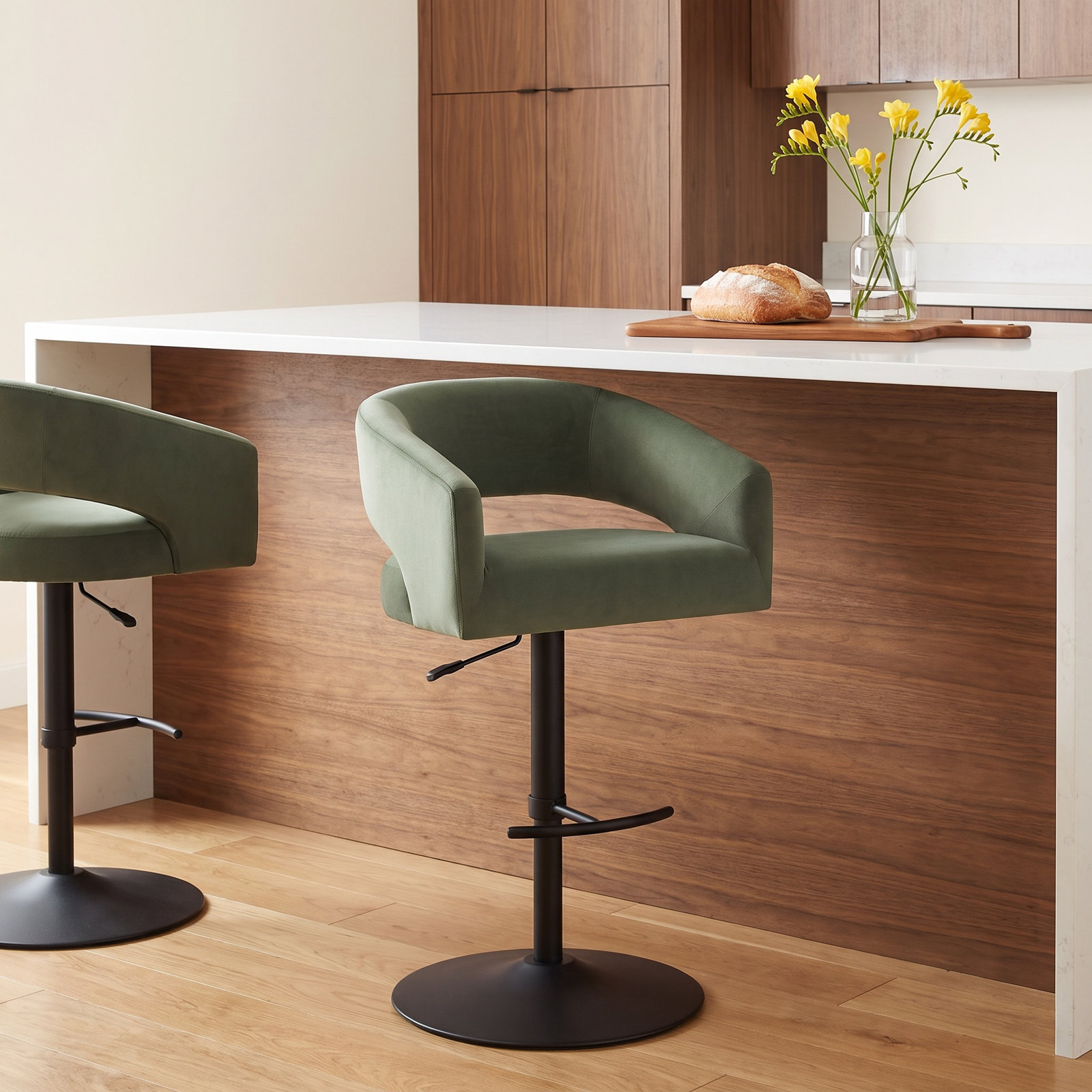 Kira Swivel Bar Stool, Soren Olivine Velvet