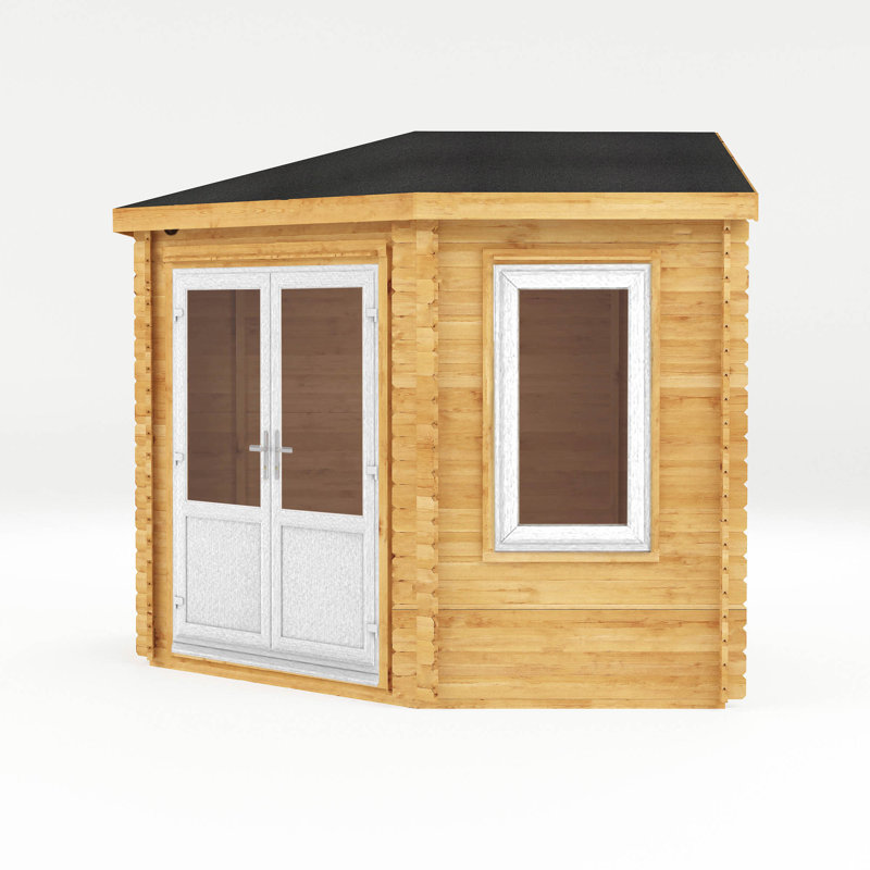10ft x 10ft Corner Cabin UPVC Windows & Doors (44mm), White/Natural Timber