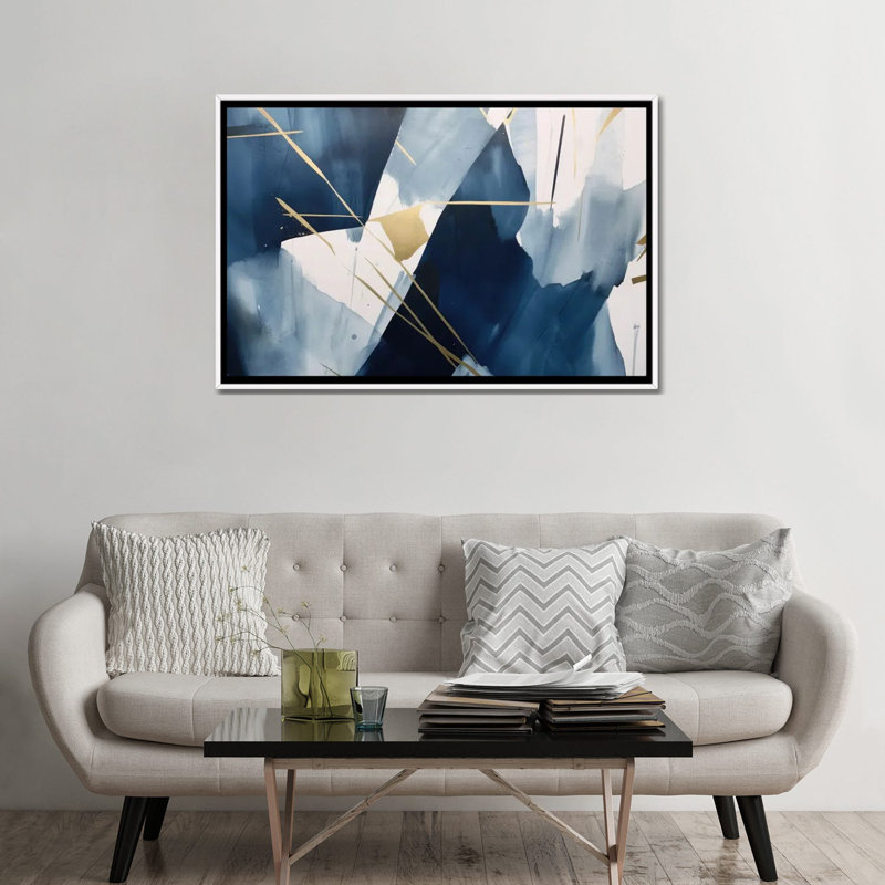 Abstraction bleu foncé III, Toile encadrée flottée blanche, H 32 po x l 48 po x P 1,5 po, Pas de tapis