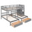 Gray Full Over Twin & Twin Triple Bunk Bed with Staircase Drawers, Wood Bed Frame with Guardrails