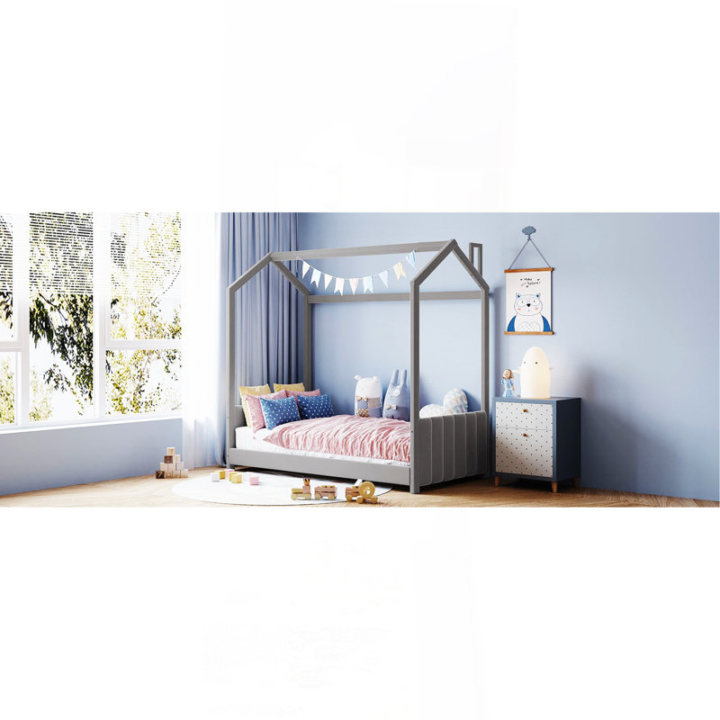 Lit simple en bois et velours, gris, Gris, Twin