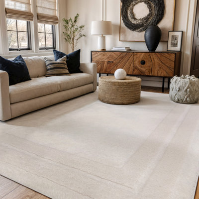 Solid Framed Border Pearl White Power Loomed Soft Shag High-Low Indoor Area Rug