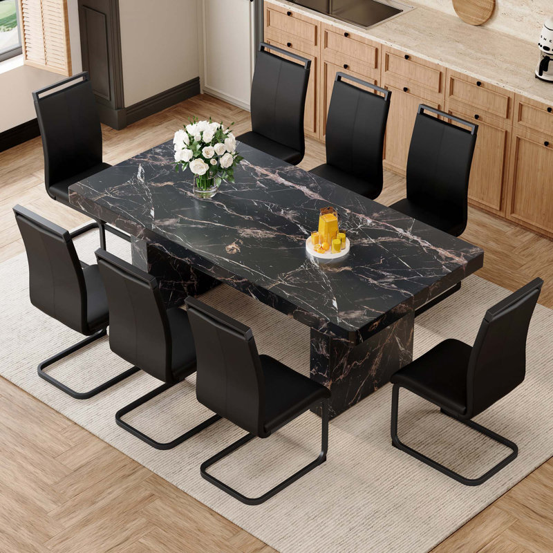 Table de salle à manger luxueuse à motif de marbre, jumelée à 8 chaises avec pieds en métal, Noir