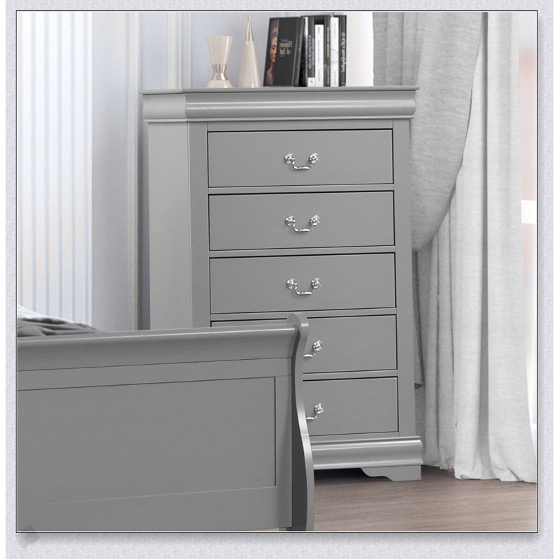 Commode de style transitionnel avec pieds de support, tiroirs suspendus et étui anti-poussière dans une finition grise pour les chambres modernes