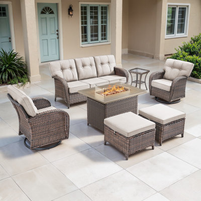 Agnes 5 Person All-Weather Rattan Outdoor Courtyard Conversation Set With Swivel Chairs And Fire Pit