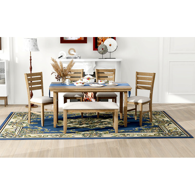 Dining Room Table And Chairs With Bench, Set Of 6, Brown