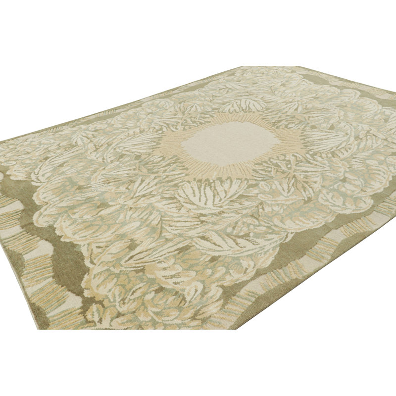 Art Deco Hand Knotted Wool Floral Area Rug, Rectangle 5' x 7'