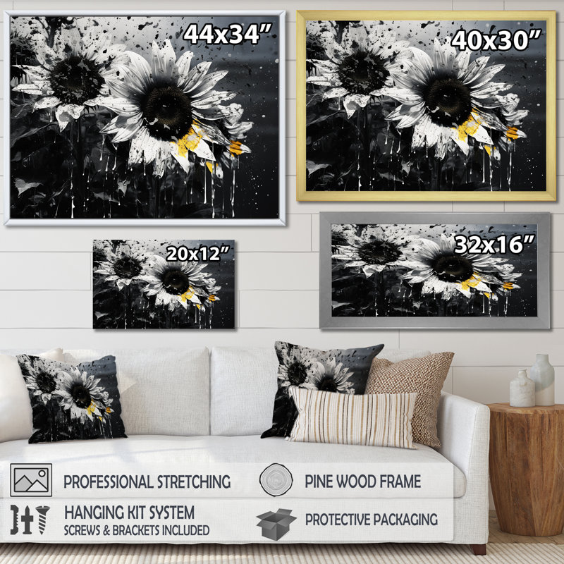 «Black and White Sunflowers Florescence» - art mural toile de tournesols, H 24 po x l 32 po x P 1 po, Cadre doré simple