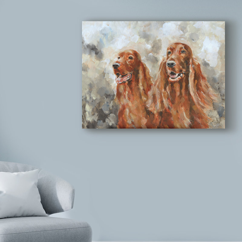 « two setters irlandais », reproduction de peinture à l’acrylique sur toile tendue, H 14 po x l 19 po x P 2 po
