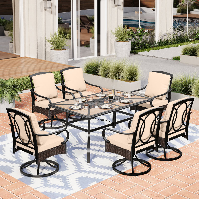 Leonard 6 Person Outdoor Dining Set with Swivel Chairs and Thick Cushions