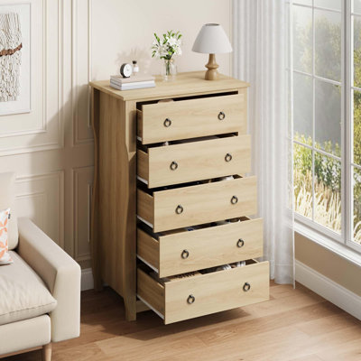 Commode 5 tiroirs de 45 po de hauteur, commode moderne en bois avec grand espace de rangement, armoire de rangement avec poignées anneaux en métal pour la chambre à coucher