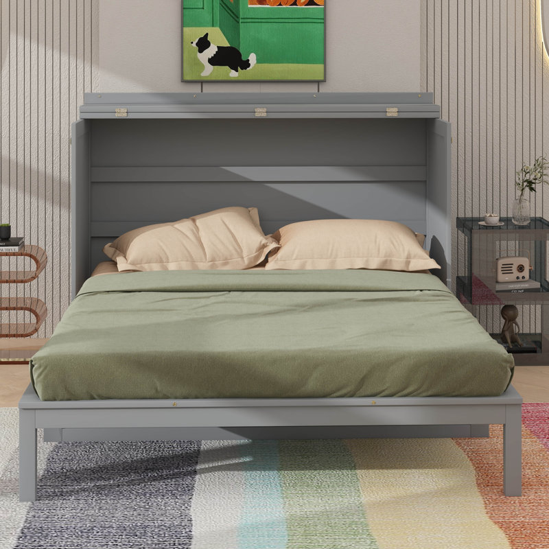 Grand lit escamotable minimaliste avec base en bois, gris