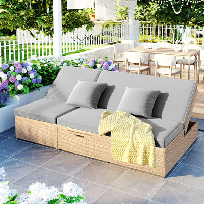 Lit de bronzage extérieur double, chaises de patio inclinables en rotin d'osier avec dossier et siège réglables, ensemble conversationnel pour 2 personnes, gris