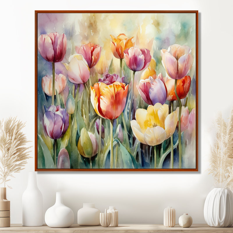 Jardin des tulipes - art mural tulipe, H 24 po x l 24 po x P 1 po, Cadre flottant brun