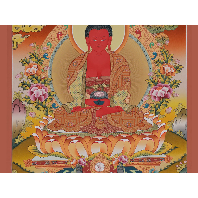 Amitabha Bouddha Thangka, art mural - déesse de la lumière infinie bouddhiste tibétain peinte à la main, toile sans brocart or 24 carats, méditation et sérénité