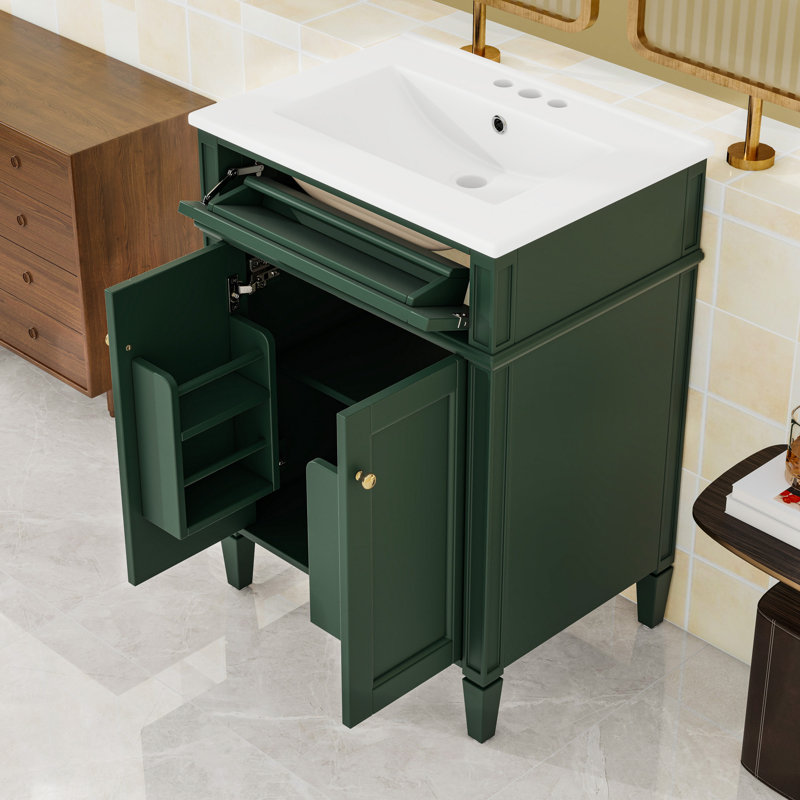 Meuble-lavabo autoportant avec lavabo en céramique, tiroir basculant et tablette réglable, Vert