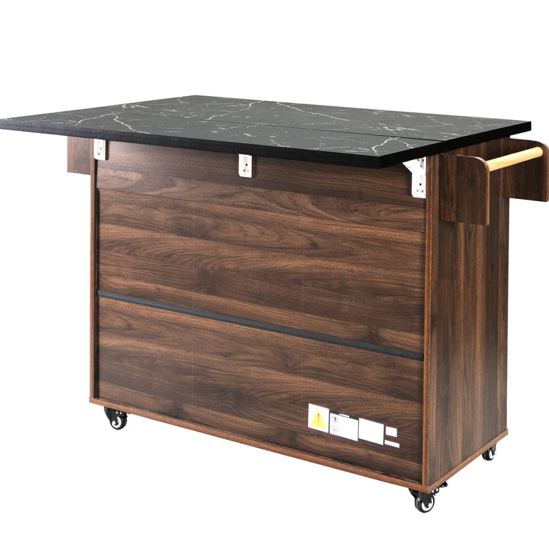 Îlot de cuisine avec rangement pour poubelles, abattant pliable, tablette réglable, support à épices, tablettes à roulettes, support - brun