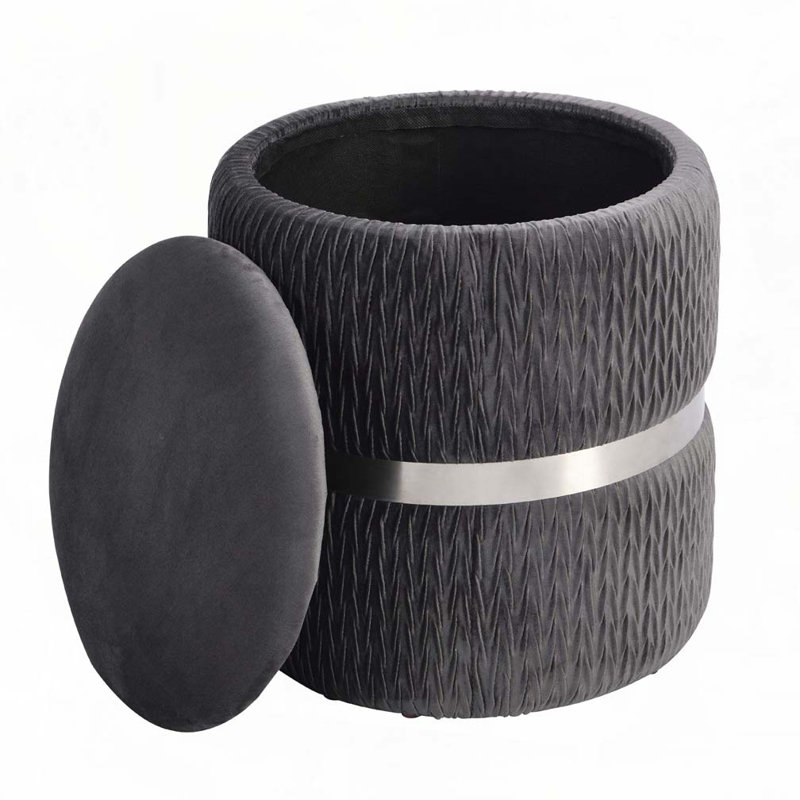Velvet Round Ottoman with Storage, Grey/Silver