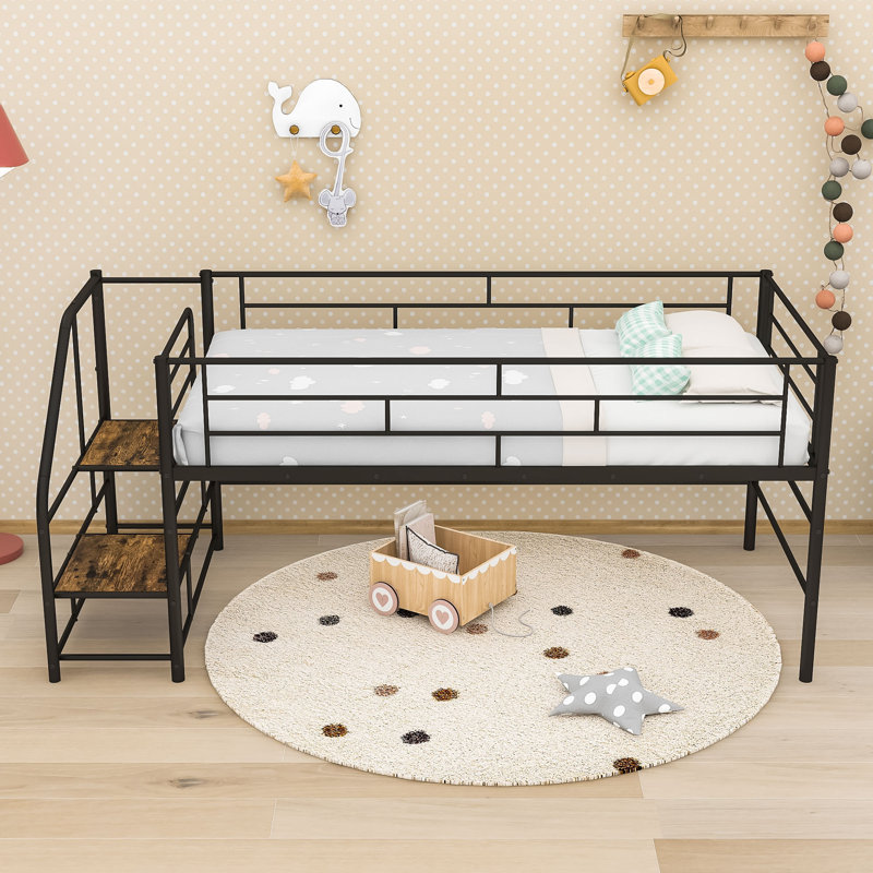 Twin Mid Loft Bed With Integrated Storage Stairs And Guardrails, Black