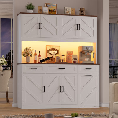 63"W × 73.2"H Freestanding Baker's Rack, 8-Door 3-Drawer Kitchen Coffee Bar Cabinet with LED Lights, Built-In Power Hub, Hidden Trash Compartment & Spice Door Racks