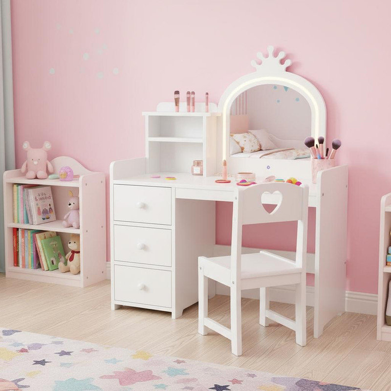 Bureau de coiffeuse pour enfants avec miroir et lumières, coiffeuse de maquillage en bois blanc avec chaise, tablettes de rangement et tiroirs, coiffeuse pour filles 2 en 1