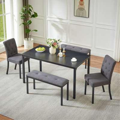 Ensemble de salle à manger 5 pièces comprenant 1 table à manger, 2 chaises rembourrées et 2 bancs; un ensemble de salle à manger de style rustique peu encombrant adapté aux salles à manger et aux cuisines, gris et noir.